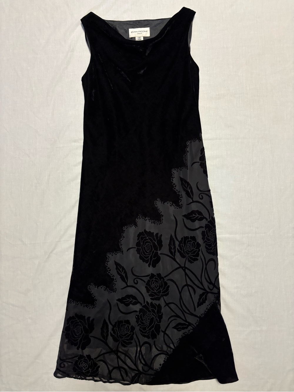 Evan Picone Black Velvet Maxi Dress with Floral Lace